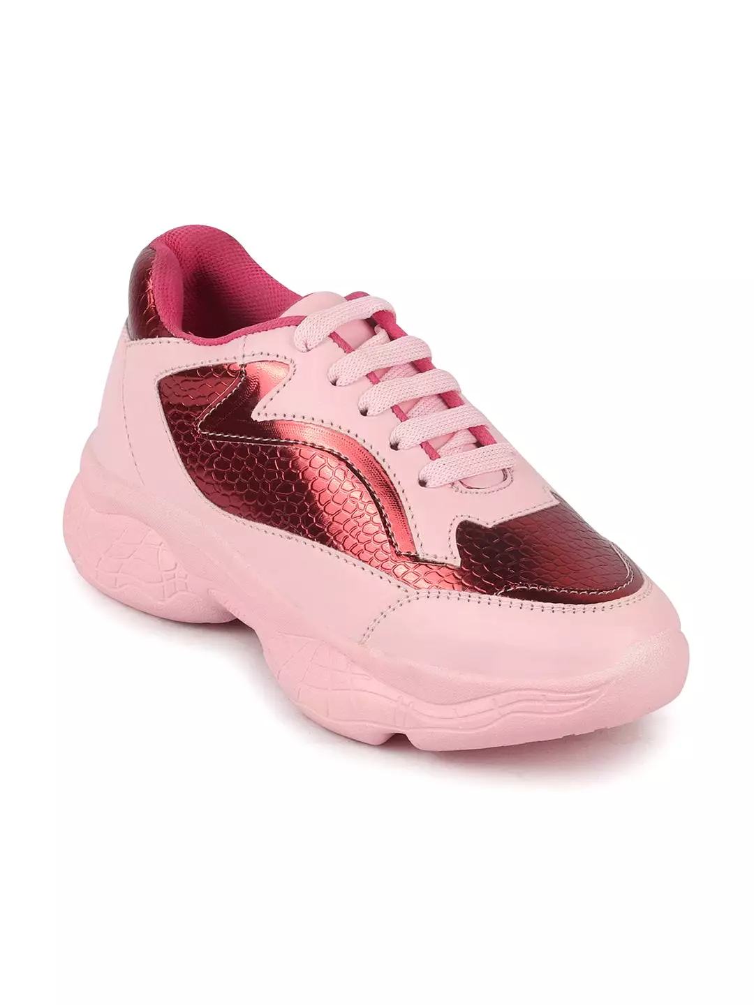 Pink women's sports and outdoor running shoes with lace-up design.