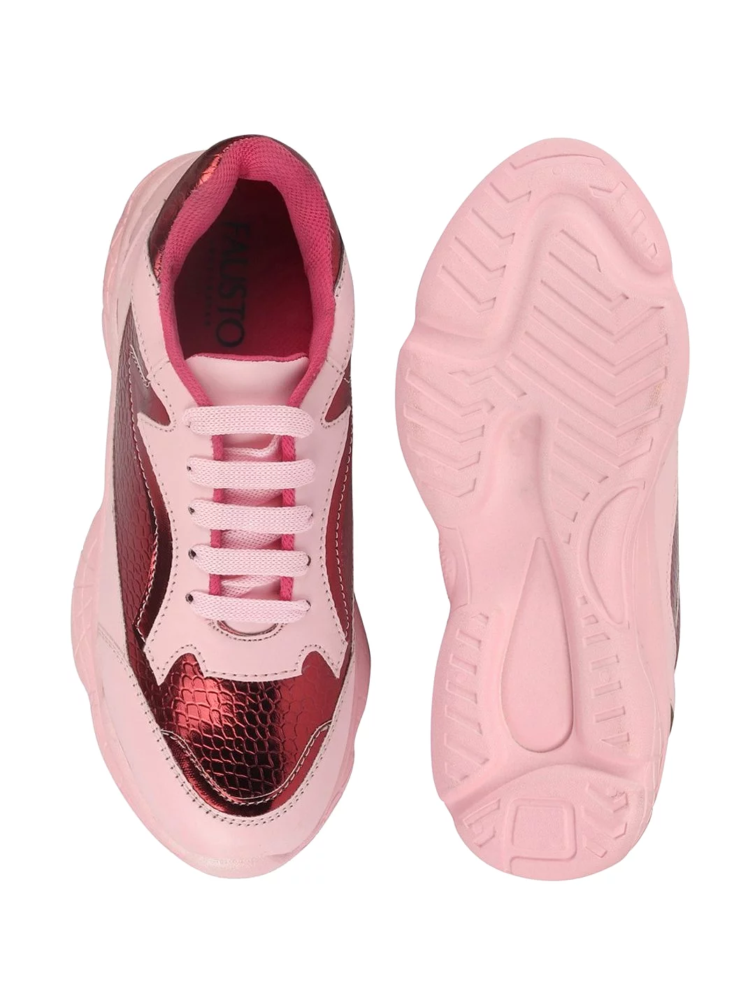 Pink women's sports and outdoor running shoes with lace-up design.