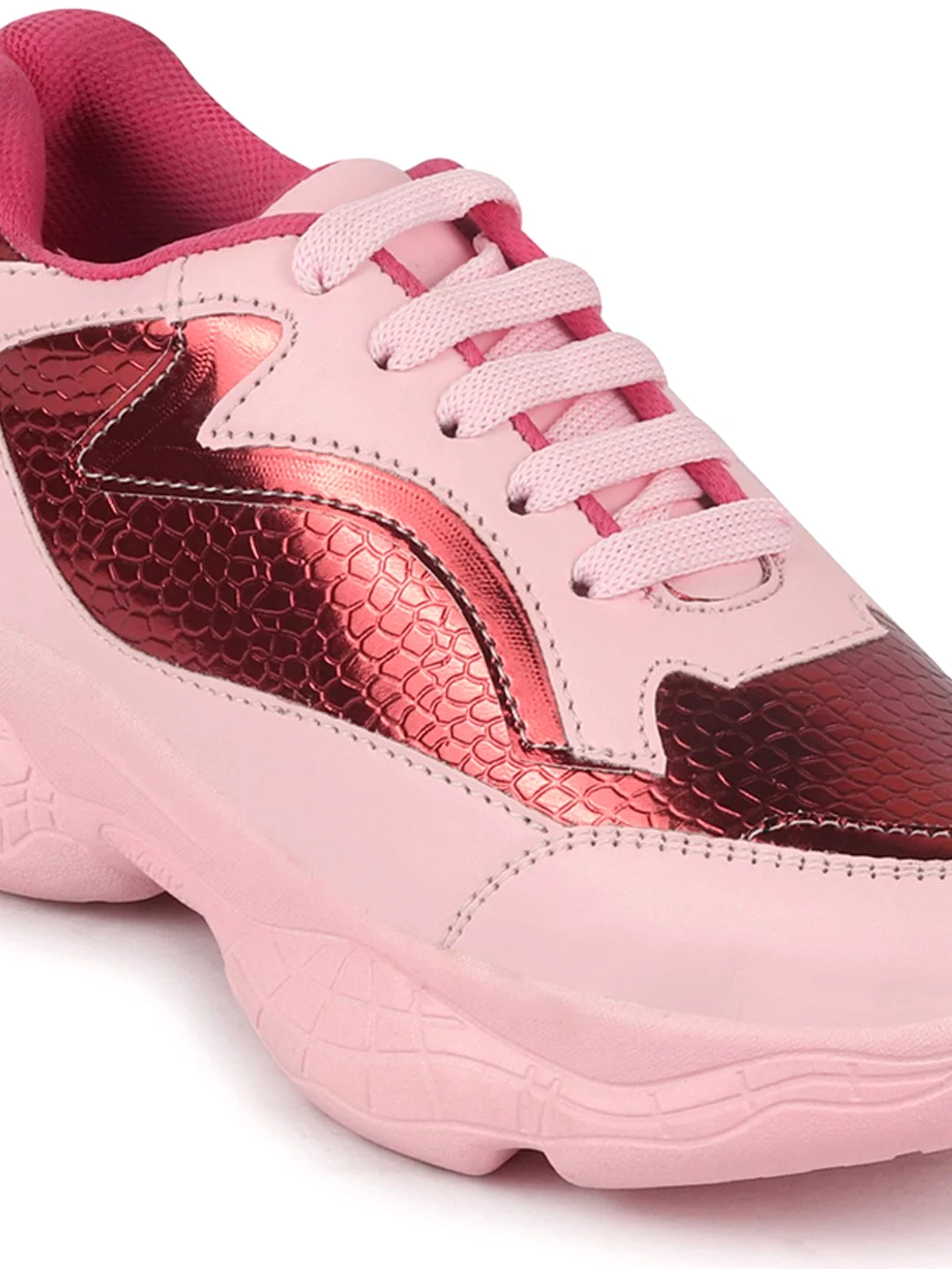 Pink women's sports and outdoor running shoes with lace-up design.