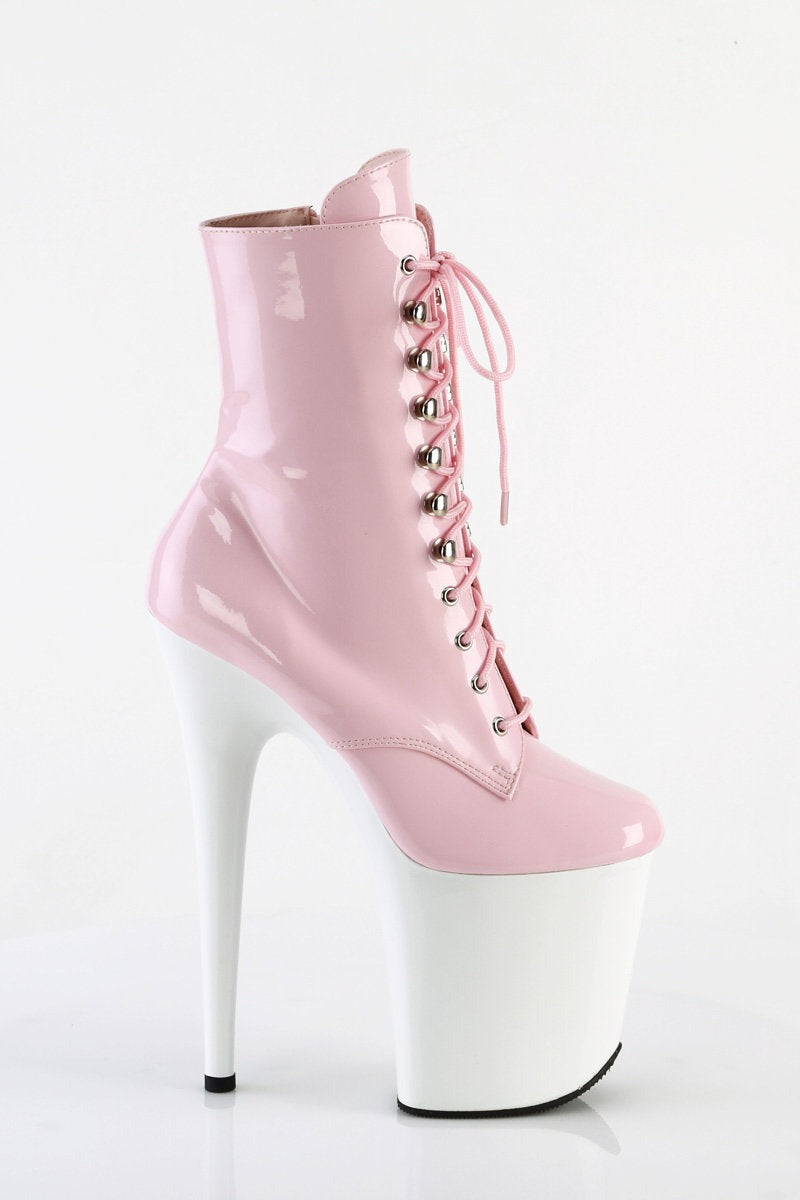 Pleaser USA Flamingo-1020 8 Boots - Patent Baby Pink/White