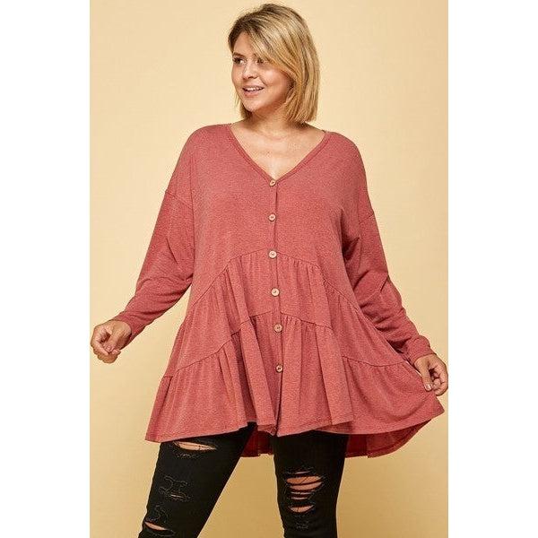 Plus Size Swing Tunic Top | Solid, Long Sleeves, Button Up, Ruched Detail