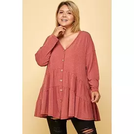 Plus Size Swing Tunic Top | Solid, Long Sleeves, Button Up, Ruched Detail