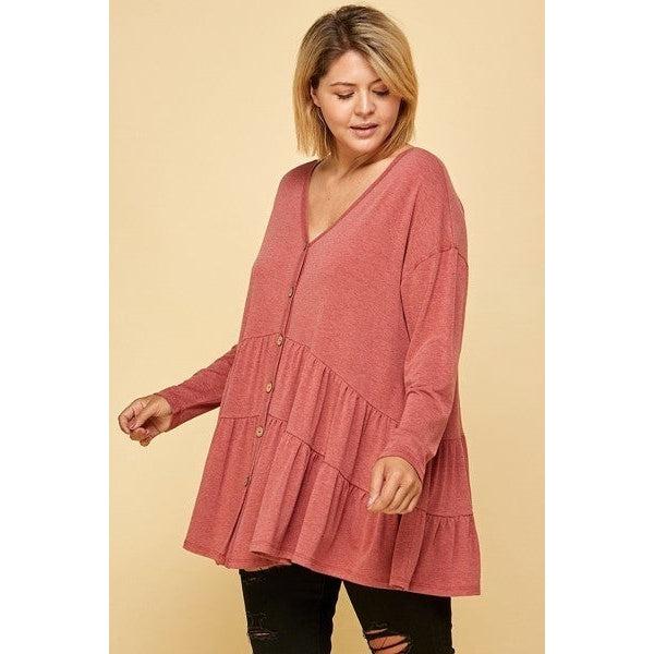 Plus Size Swing Tunic Top | Solid, Long Sleeves, Button Up, Ruched Detail