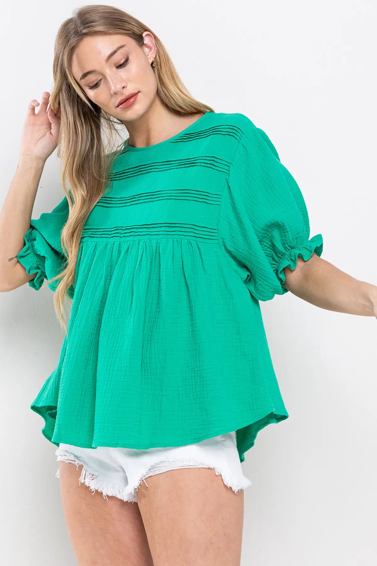 Puff Sleeve Pleated Tunic Top in Green