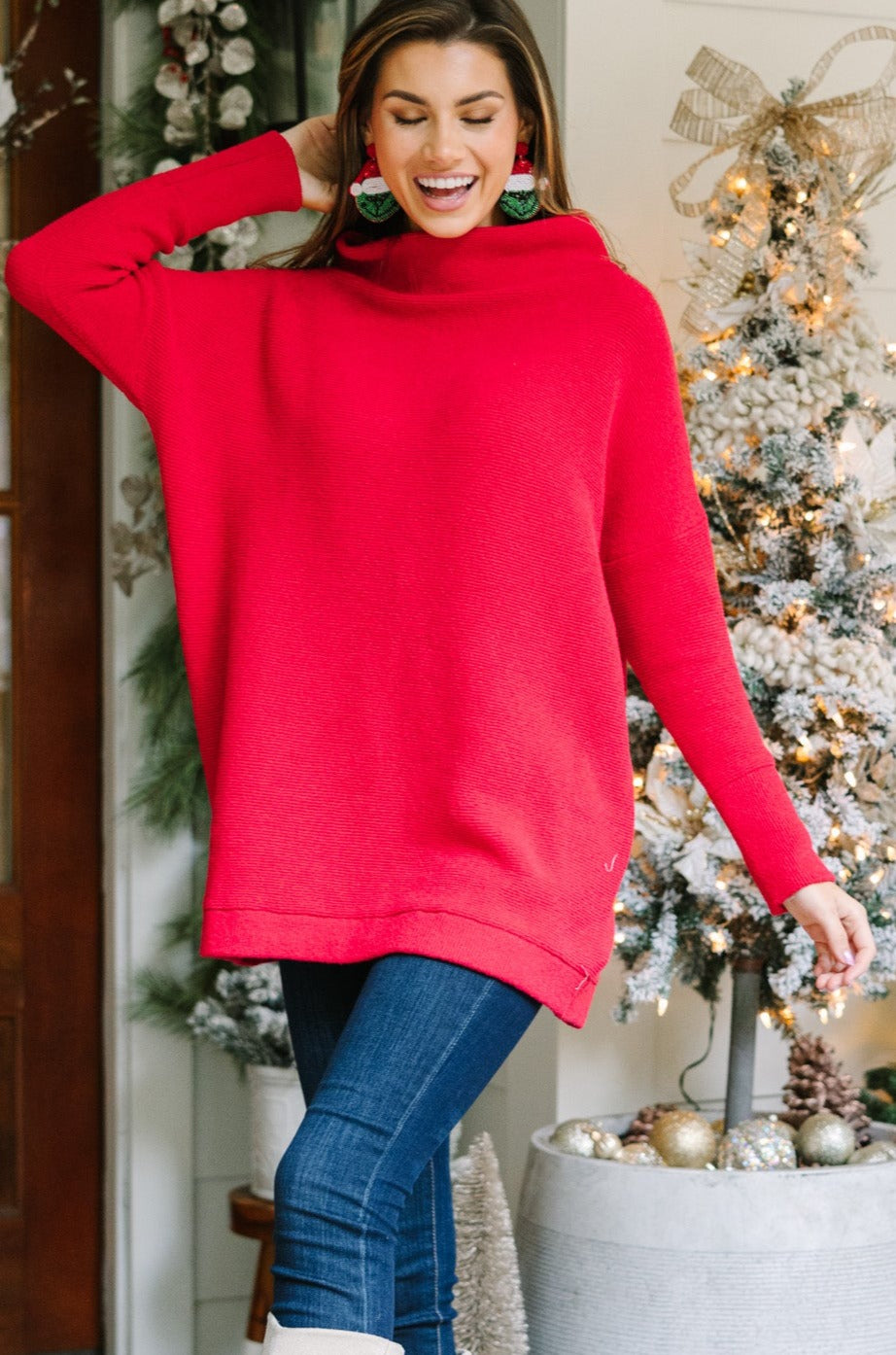 Red Knit Mock Neck Tunic - Comfortable and Stylish