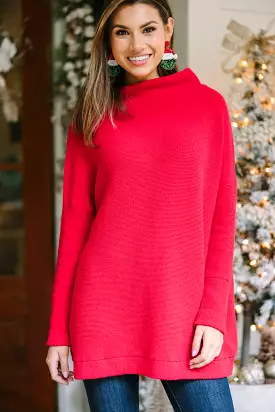 Red Knit Mock Neck Tunic - Comfortable and Stylish