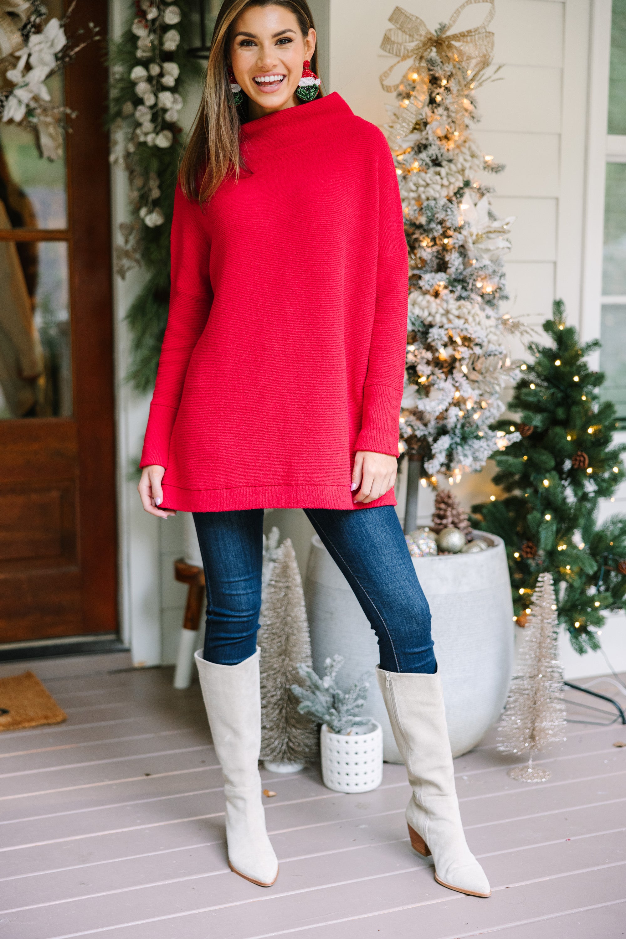 Red Knit Mock Neck Tunic - Comfortable and Stylish