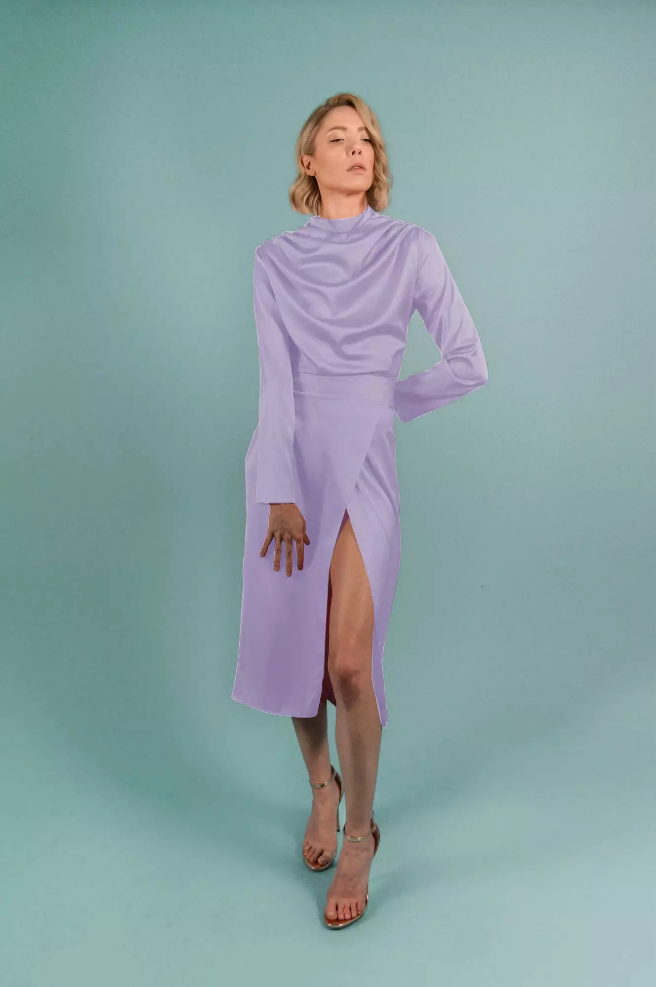 silk turtleneck dress, draped midi dress