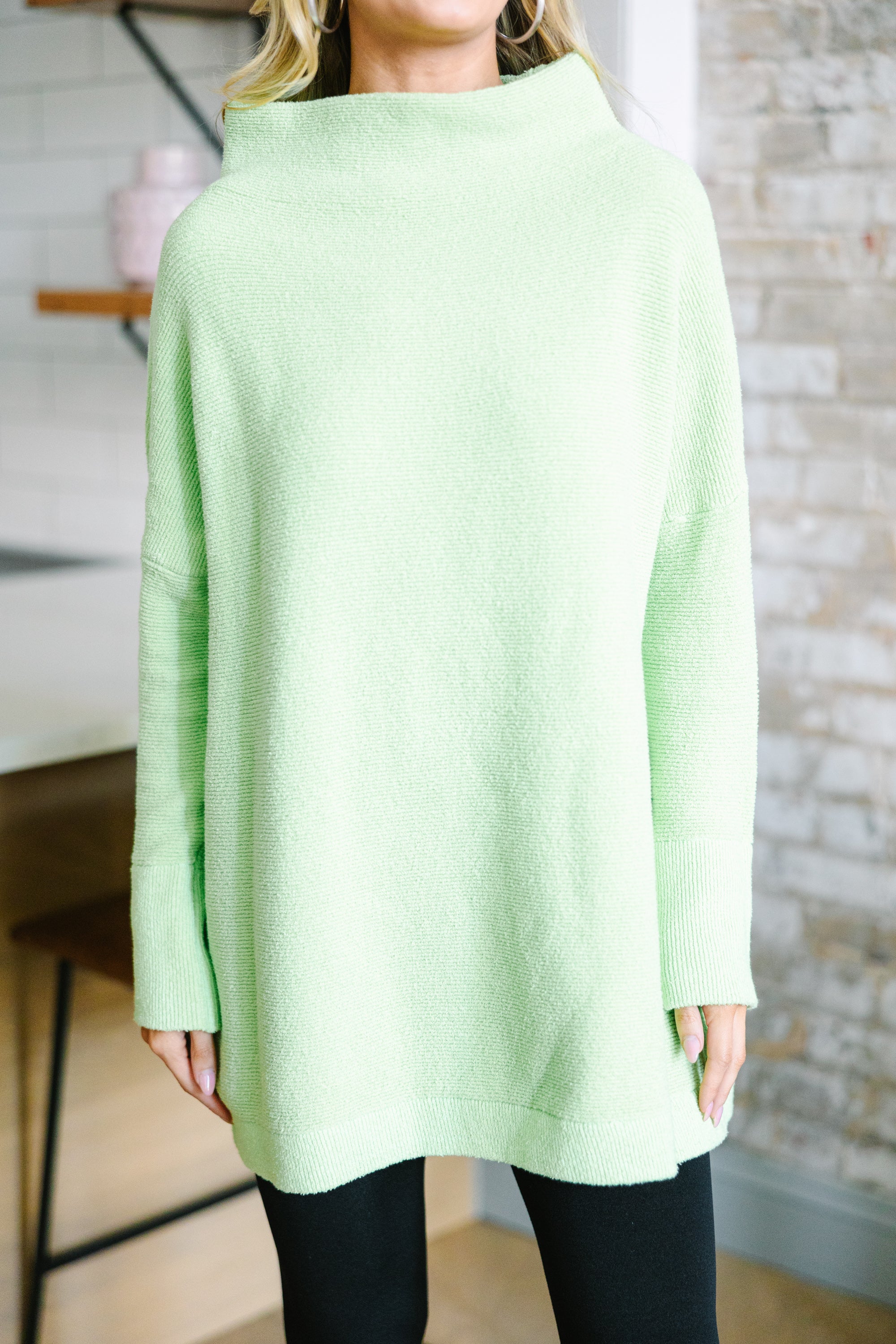 Slouchy Pistachio Green Mock Neck Tunic