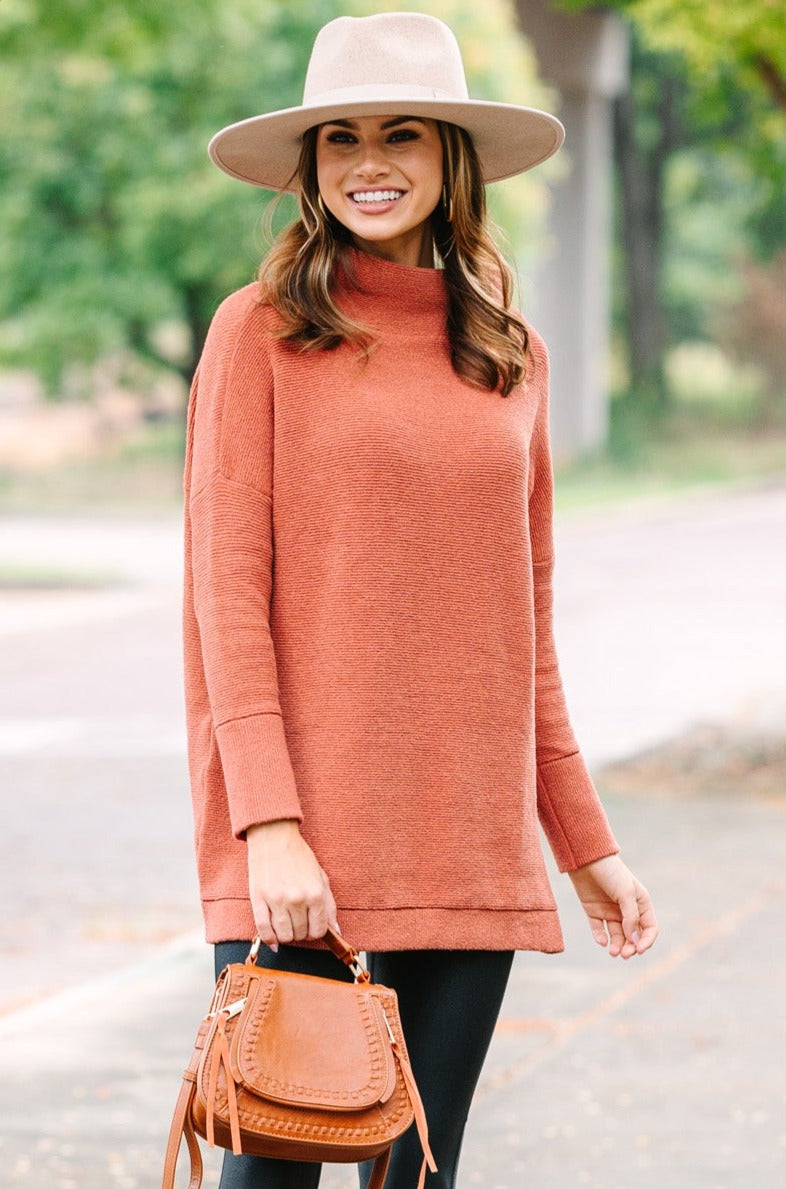 Slouchy Rust Orange Mock Neck Tunic