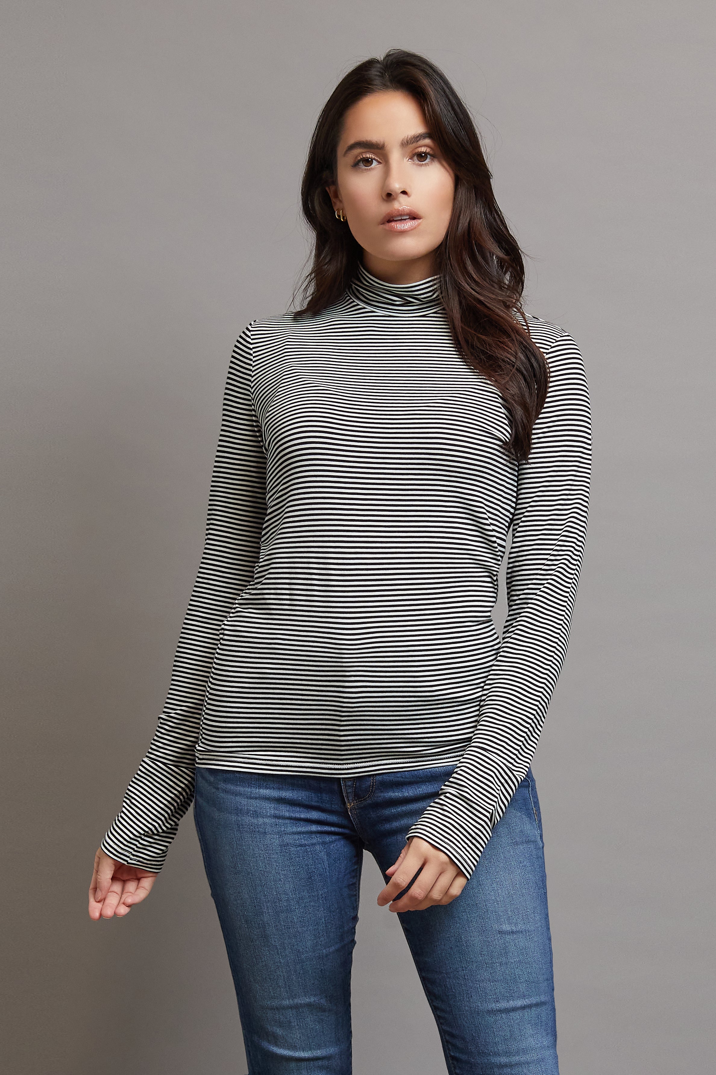 Striped Mockneck in Milk/Noir, Long Sleeve Viscose Top