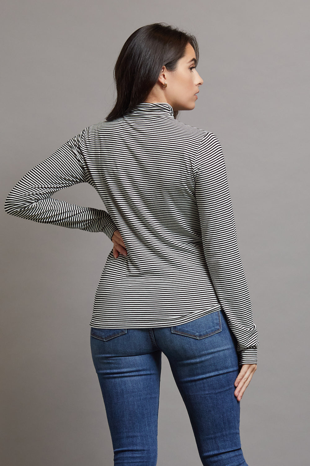 Striped Mockneck in Milk/Noir, Long Sleeve Viscose Top