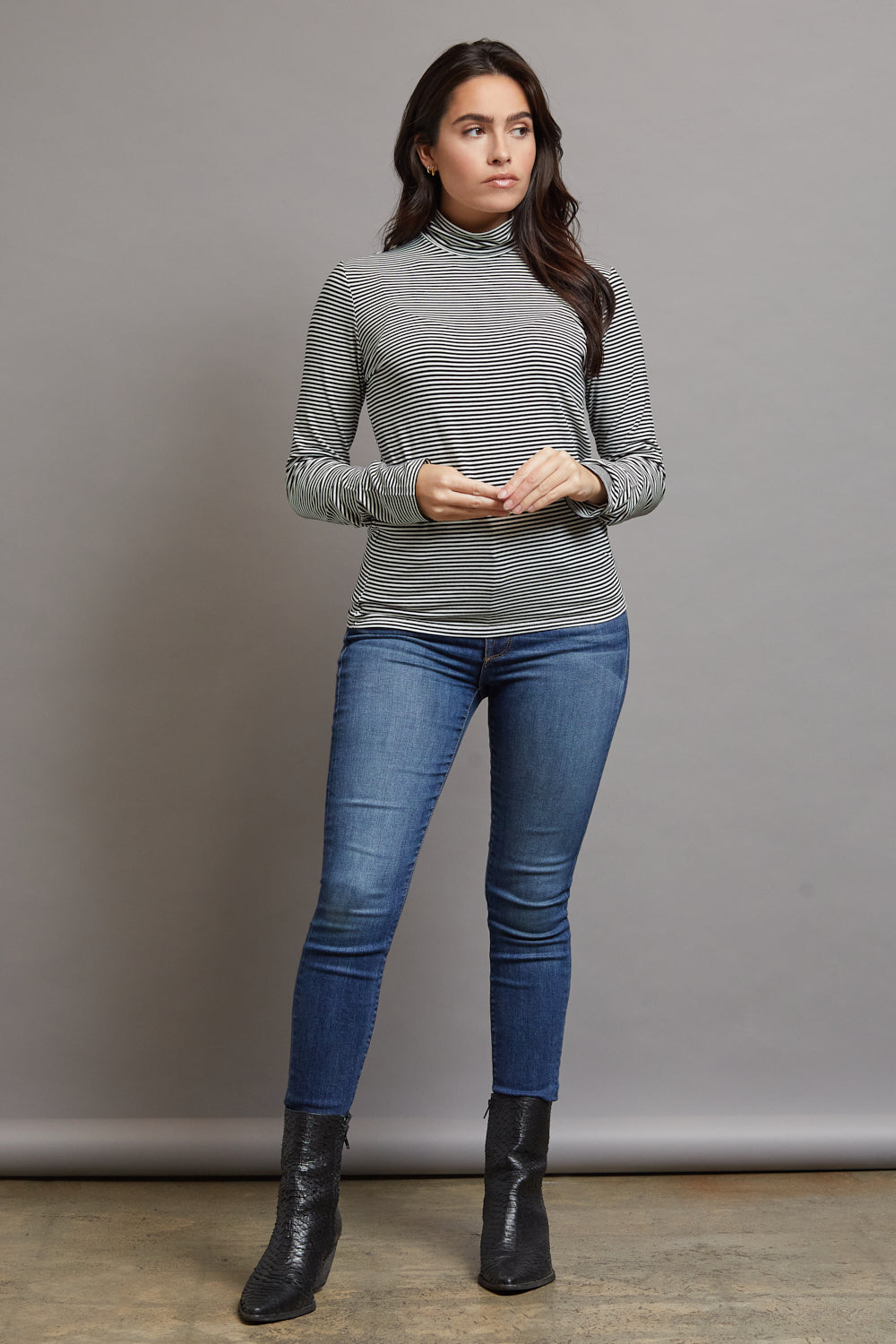 Striped Mockneck in Milk/Noir, Long Sleeve Viscose Top