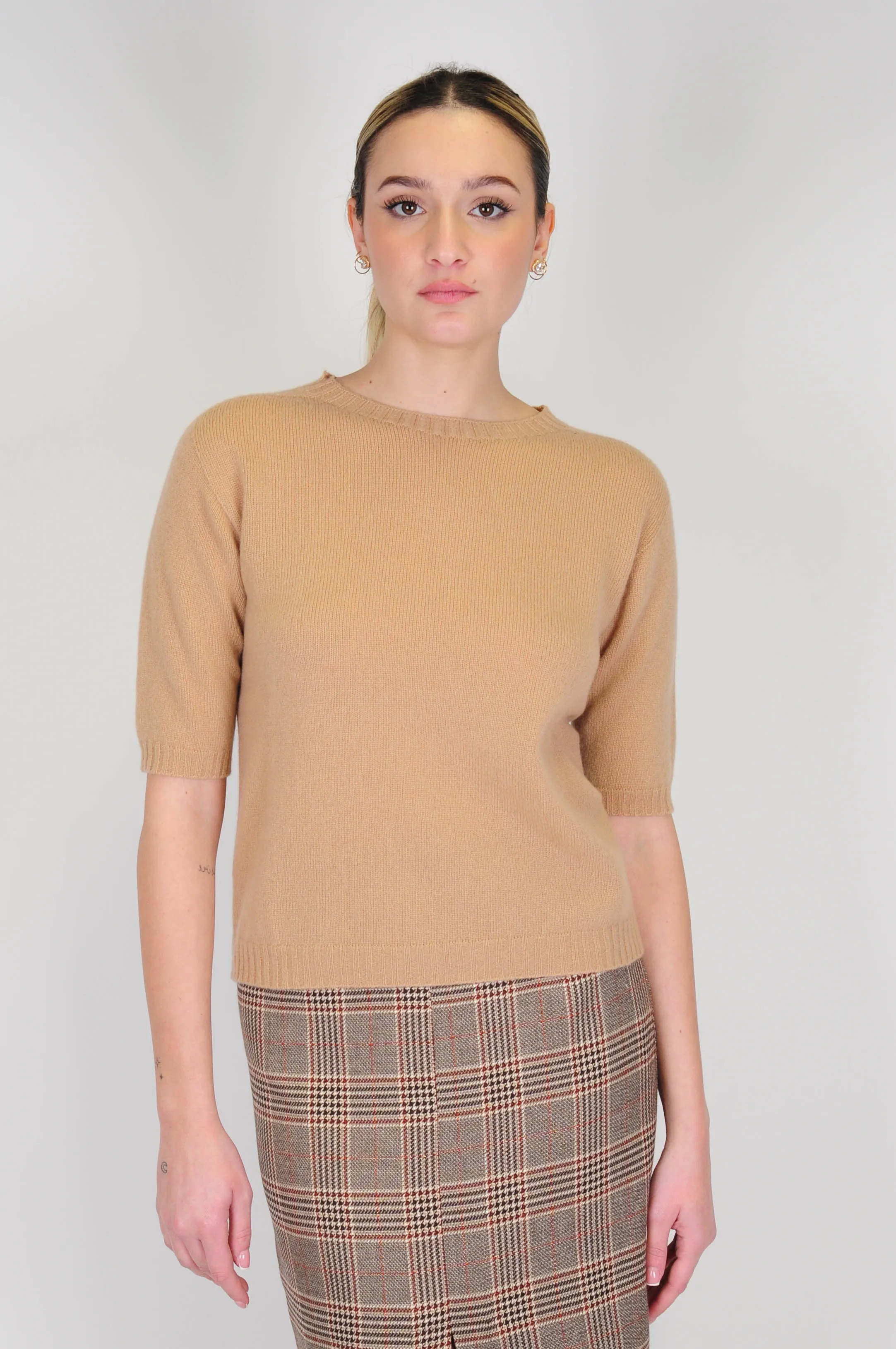 Tensione in - Maglia crop mezza manica in misto cashmere