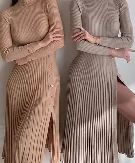 Turtleneck Striped Knit Button Slit Dress