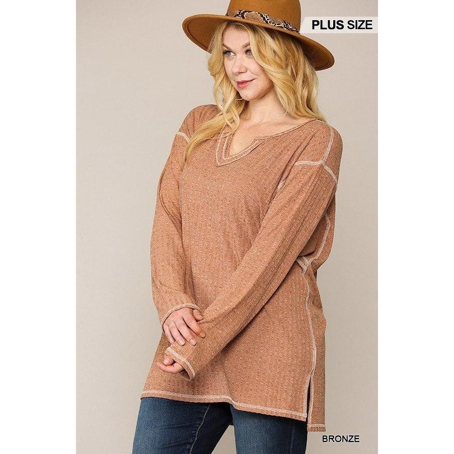 Two-tone Ribbed Tunic Top, Side Slits, Women's Fashion