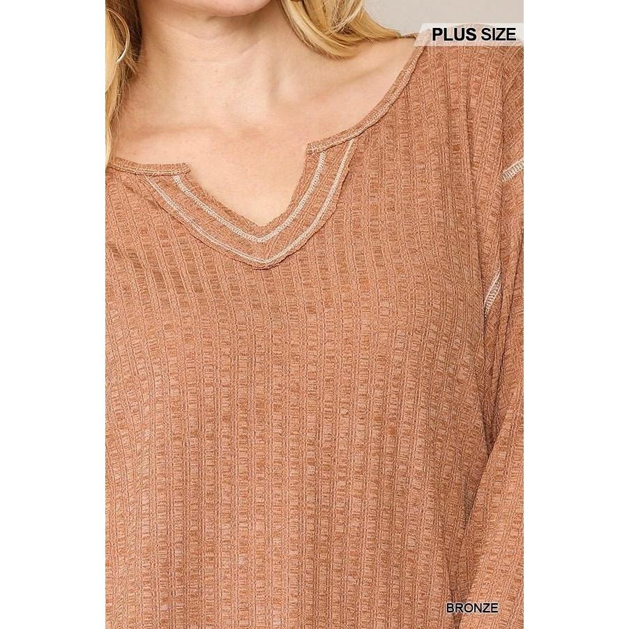 Two-tone Ribbed Tunic Top, Side Slits, Women's Fashion