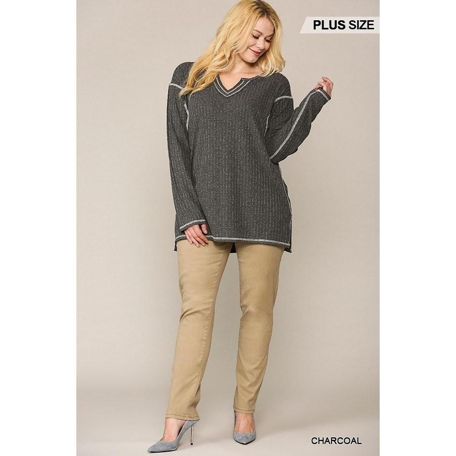 Two-tone Ribbed Tunic Top Side Slits