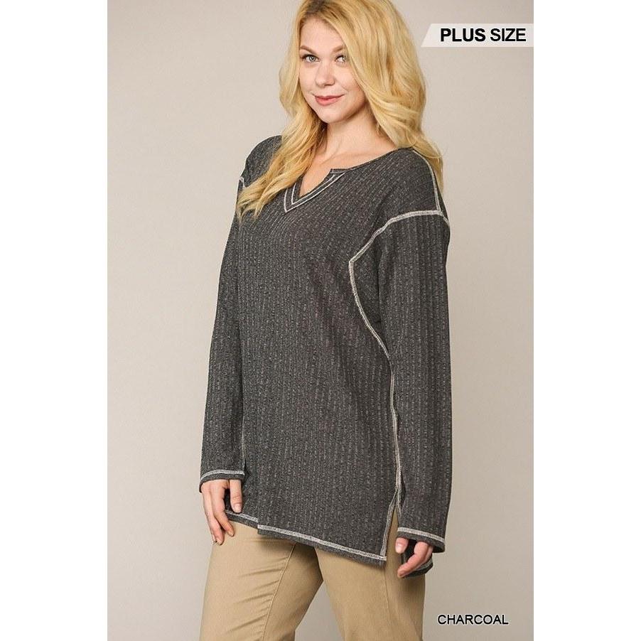 Two-tone Ribbed Tunic Top Side Slits