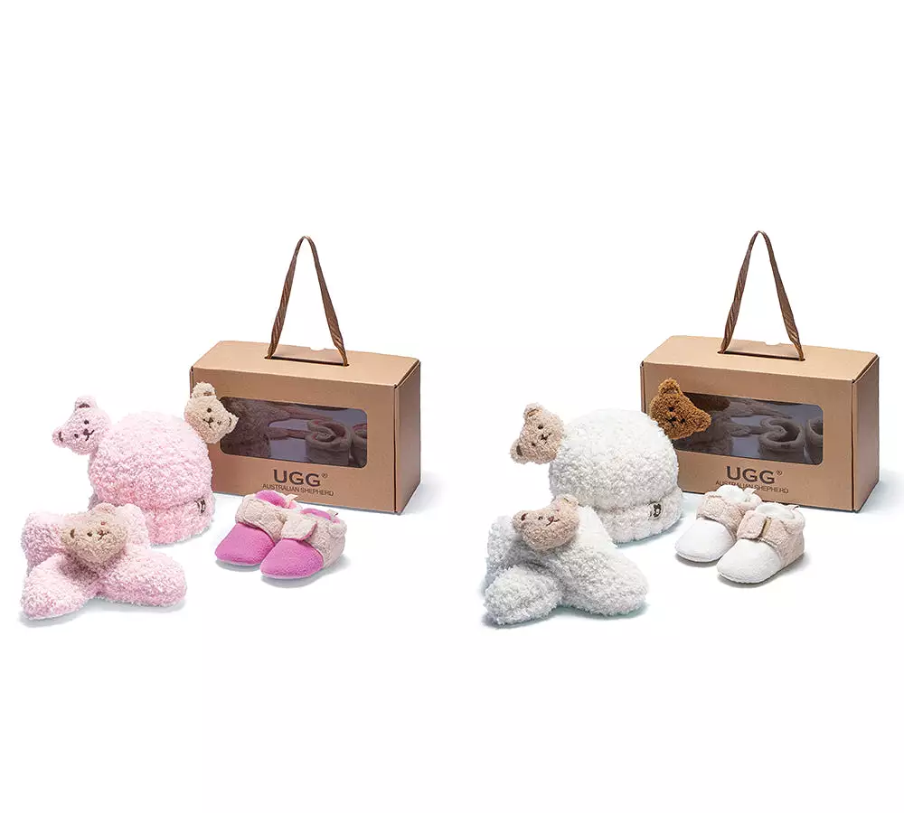 UGG Australian Shepherd Baby Booties Set with Shearling Bear Beanie and Scarf for Gifting