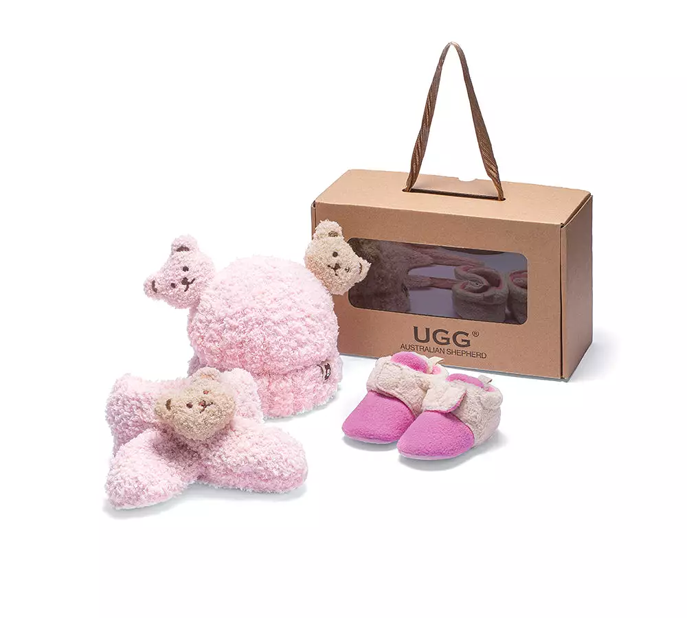 UGG Australian Shepherd Baby Booties Set with Shearling Bear Beanie and Scarf for Gifting