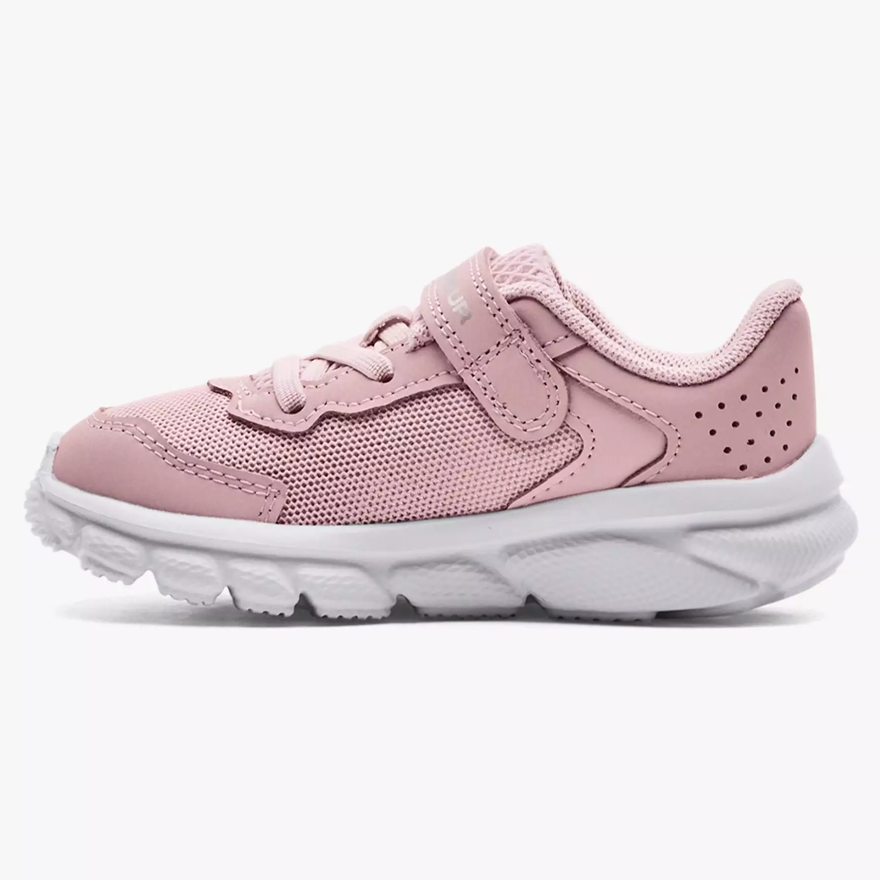 Under Armour Assert 9 Toddler Sneaker in Prime Pink, Flamingo, and Metallic Silver.