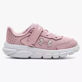 Under Armour Assert 9 Toddler Sneaker in Prime Pink, Flamingo, and Metallic Silver.