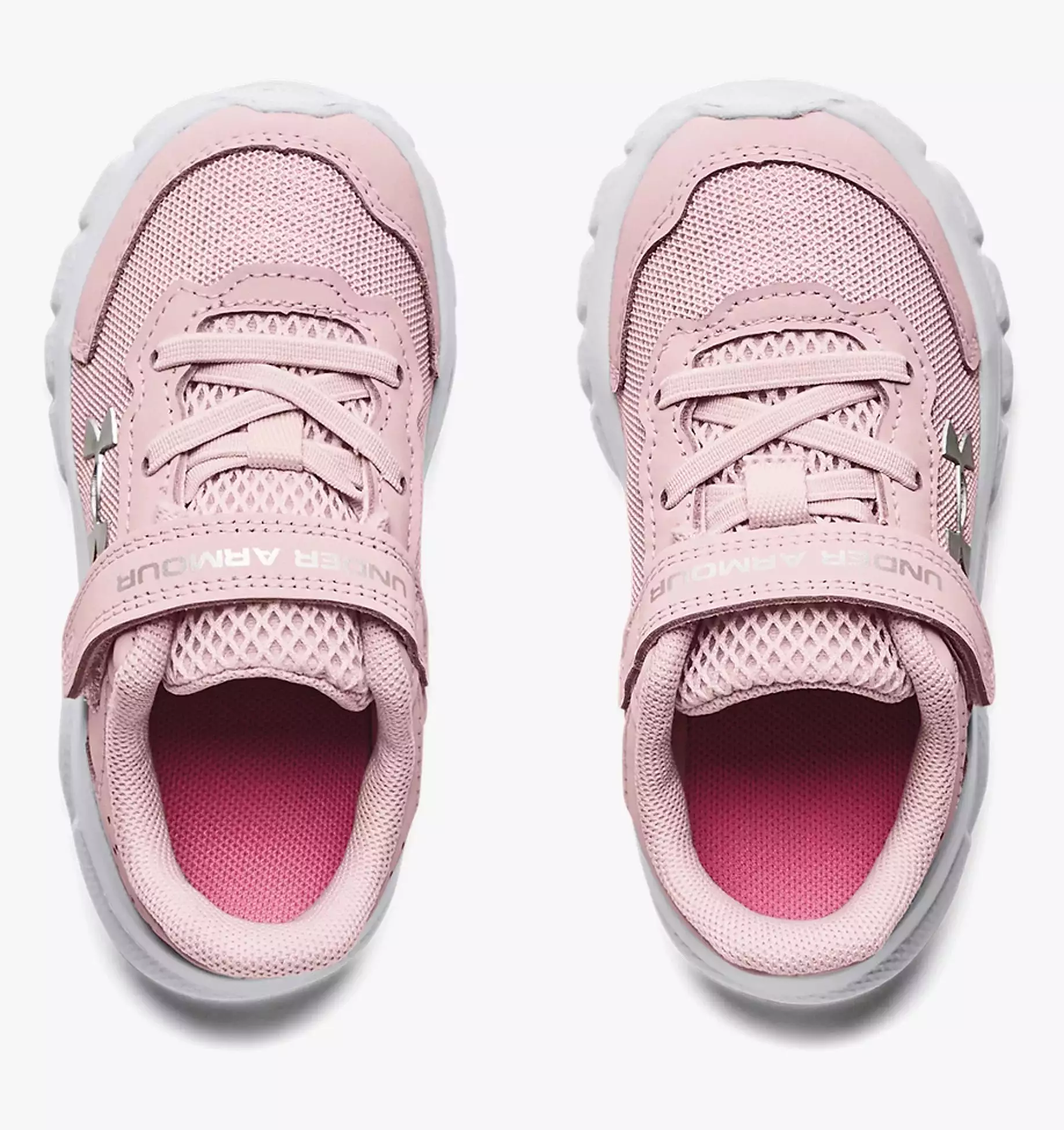 Under Armour Assert 9 Toddler Sneaker in Prime Pink, Flamingo, and Metallic Silver.