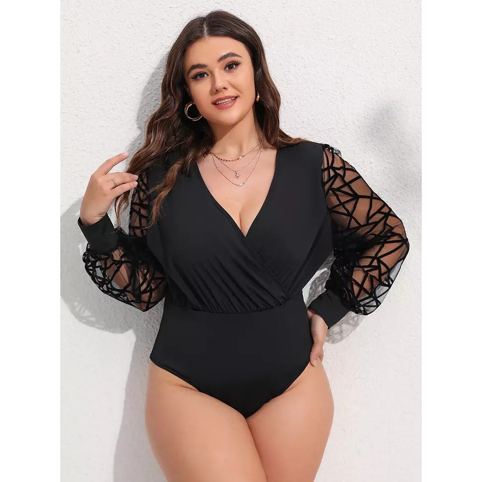 V-Neck Long Sleeve Mesh Bodysuit