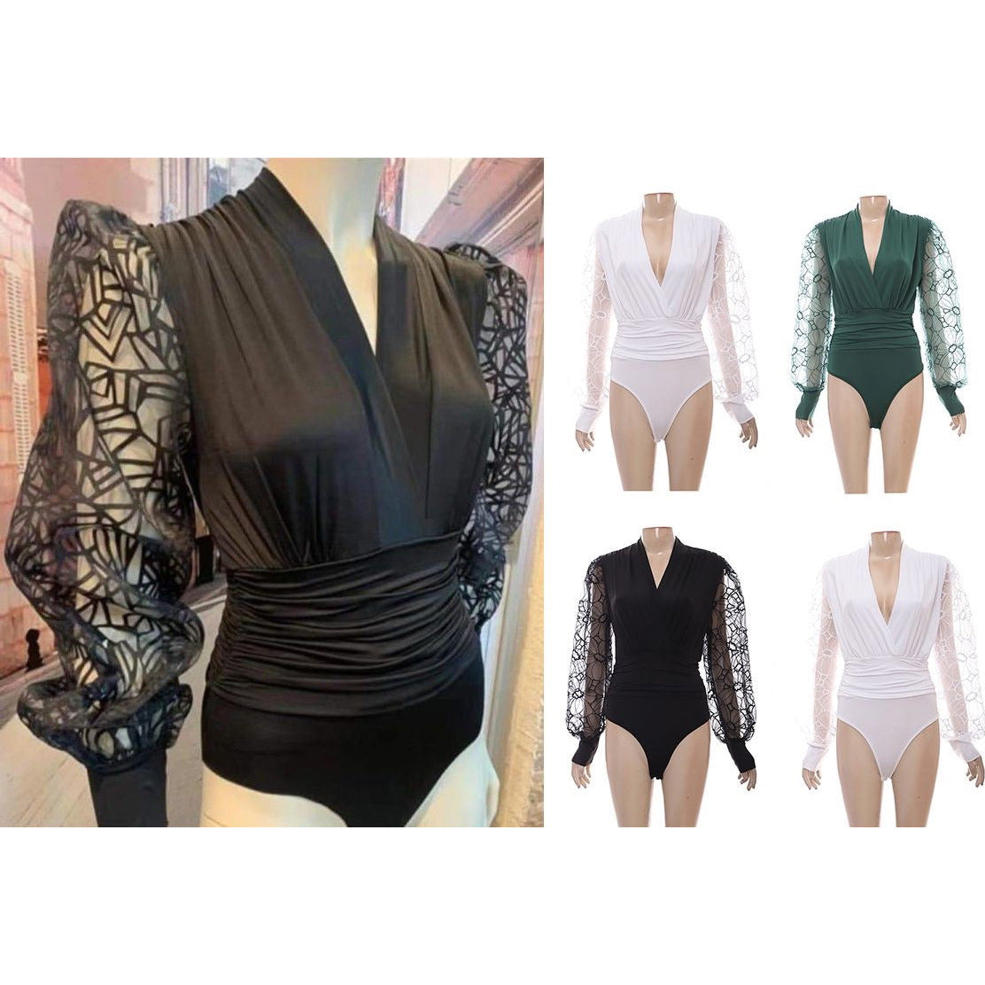 V-Neck Long Sleeve Mesh Bodysuit