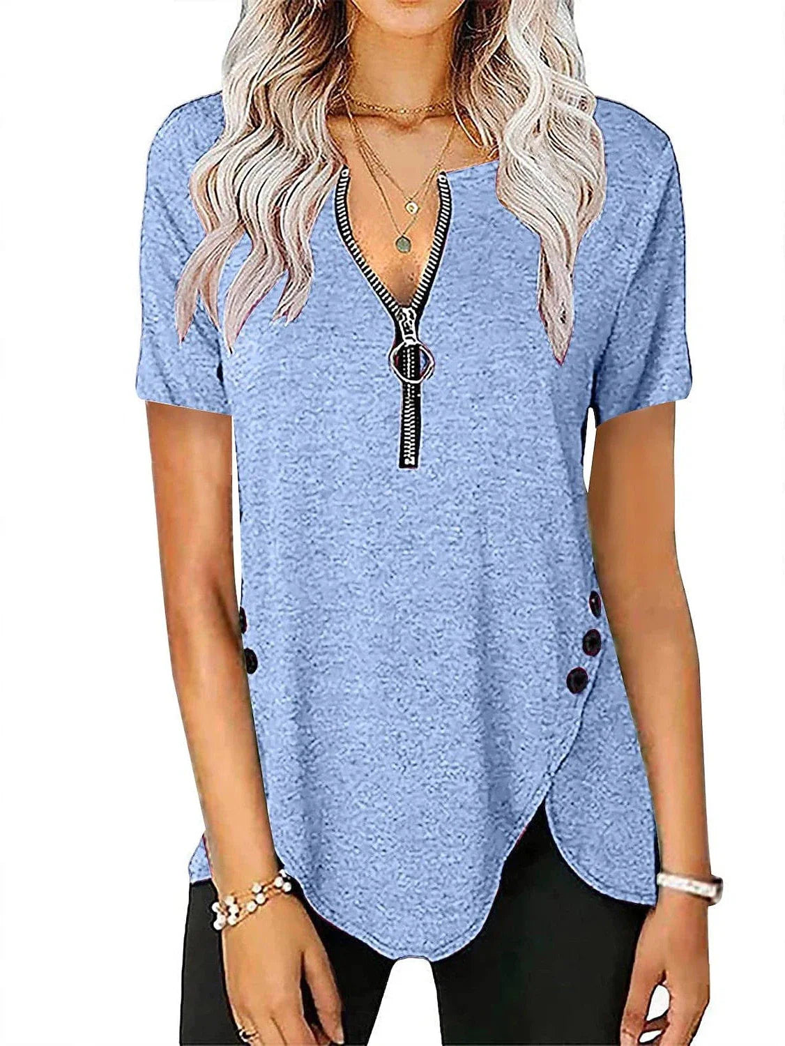 V-Neck Zippered Tunic Blouse