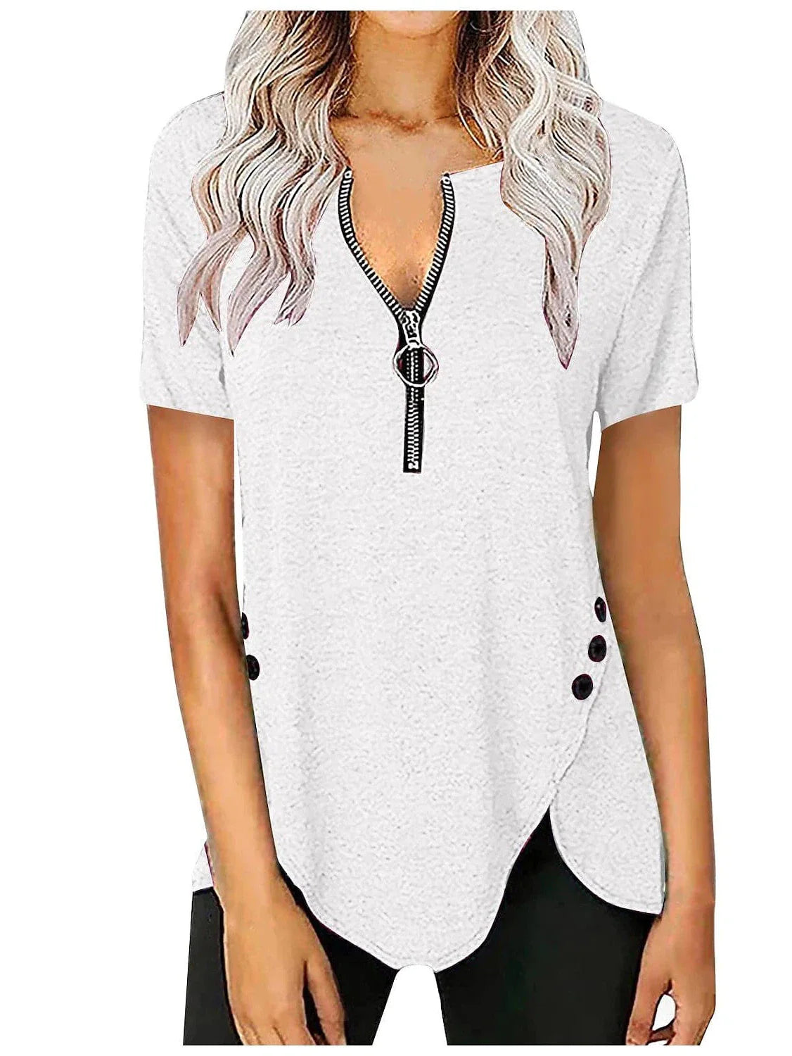 V-Neck Zippered Tunic Blouse