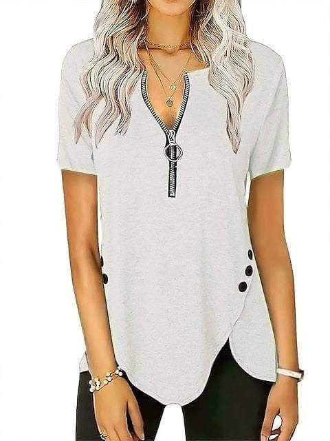 V-Neck Zippered Tunic Blouse