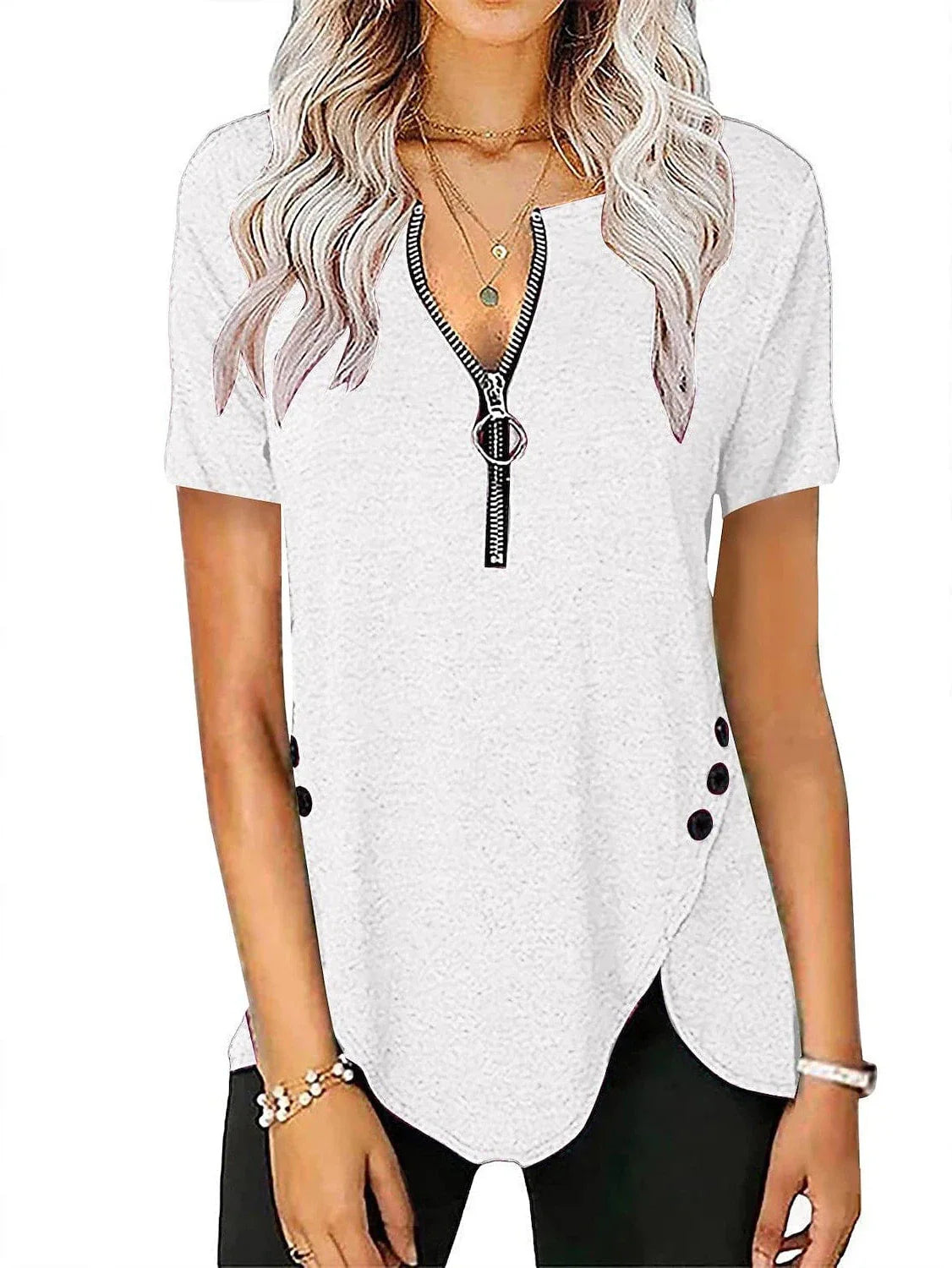 V-Neck Zippered Tunic Blouse