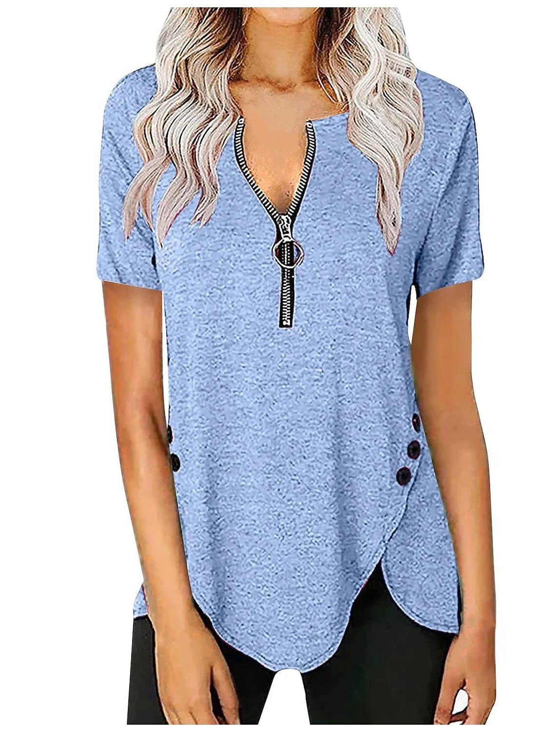 V-Neck Zippered Tunic Blouse