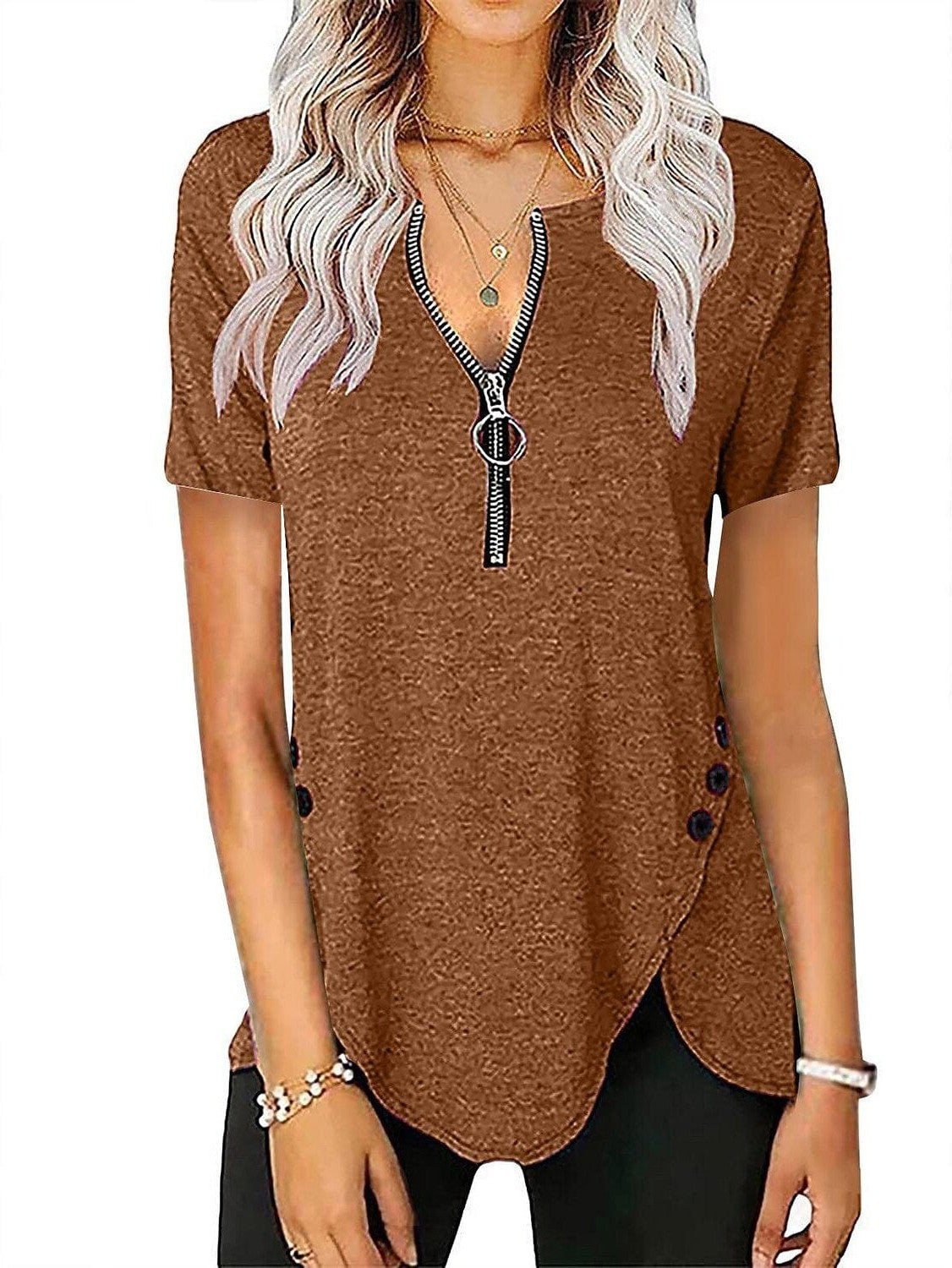 V-Neck Zippered Tunic Blouse