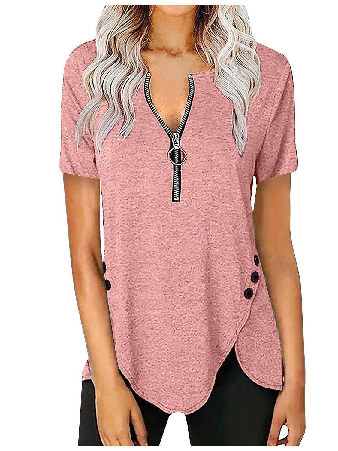 V-Neck Zippered Tunic Blouse