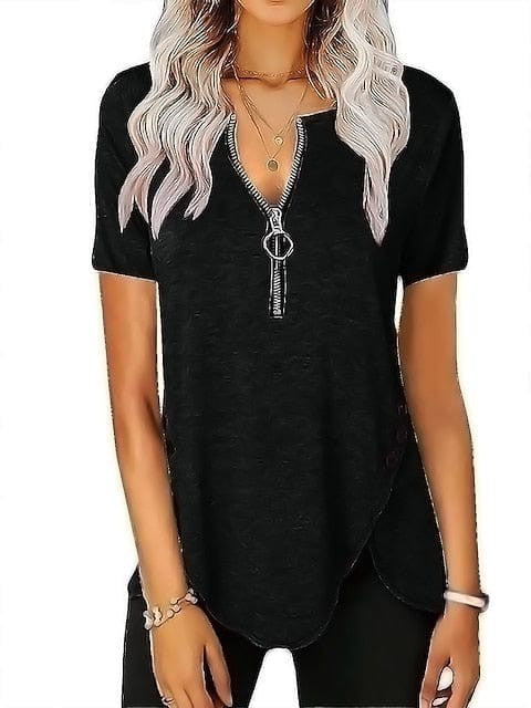 V-Neck Zippered Tunic Blouse