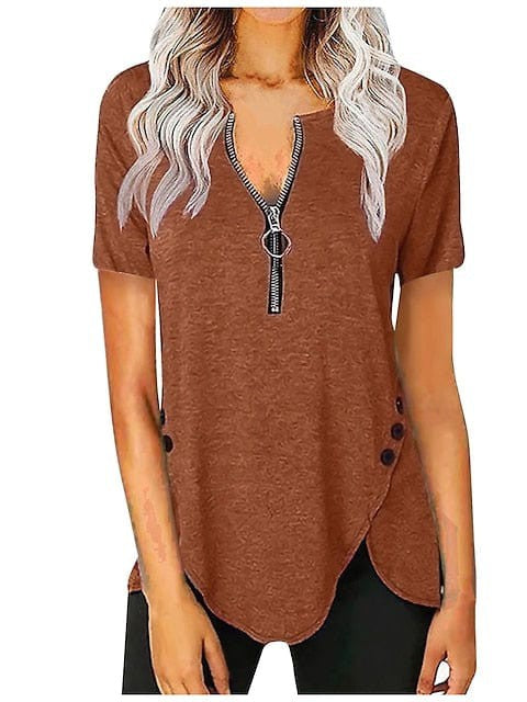 V-Neck Zippered Tunic Blouse