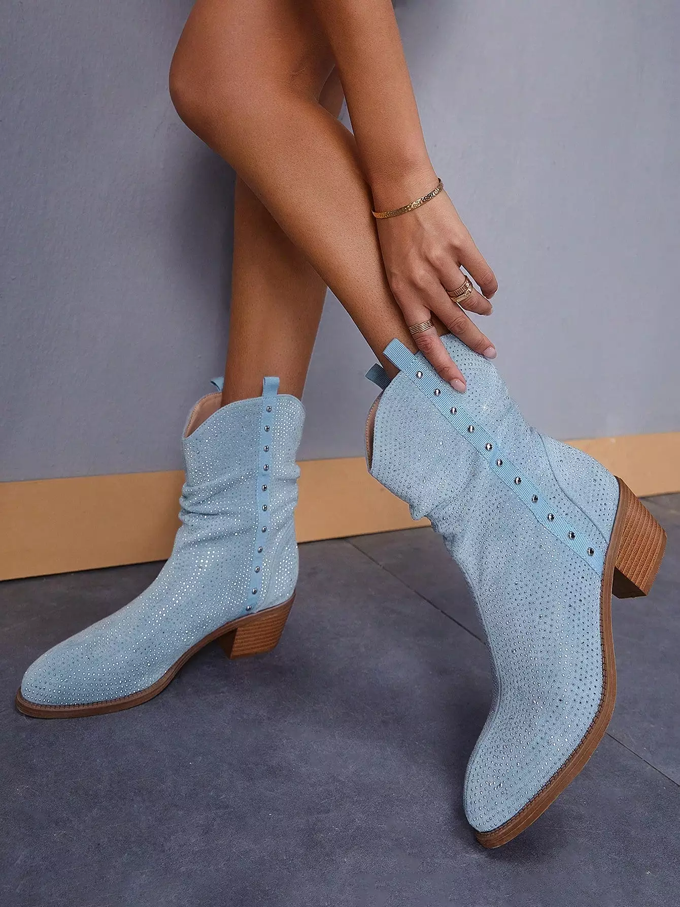 Women Studded Faux Suede Fashion Boots, Baby Blue Slouchy Outdoor Boots