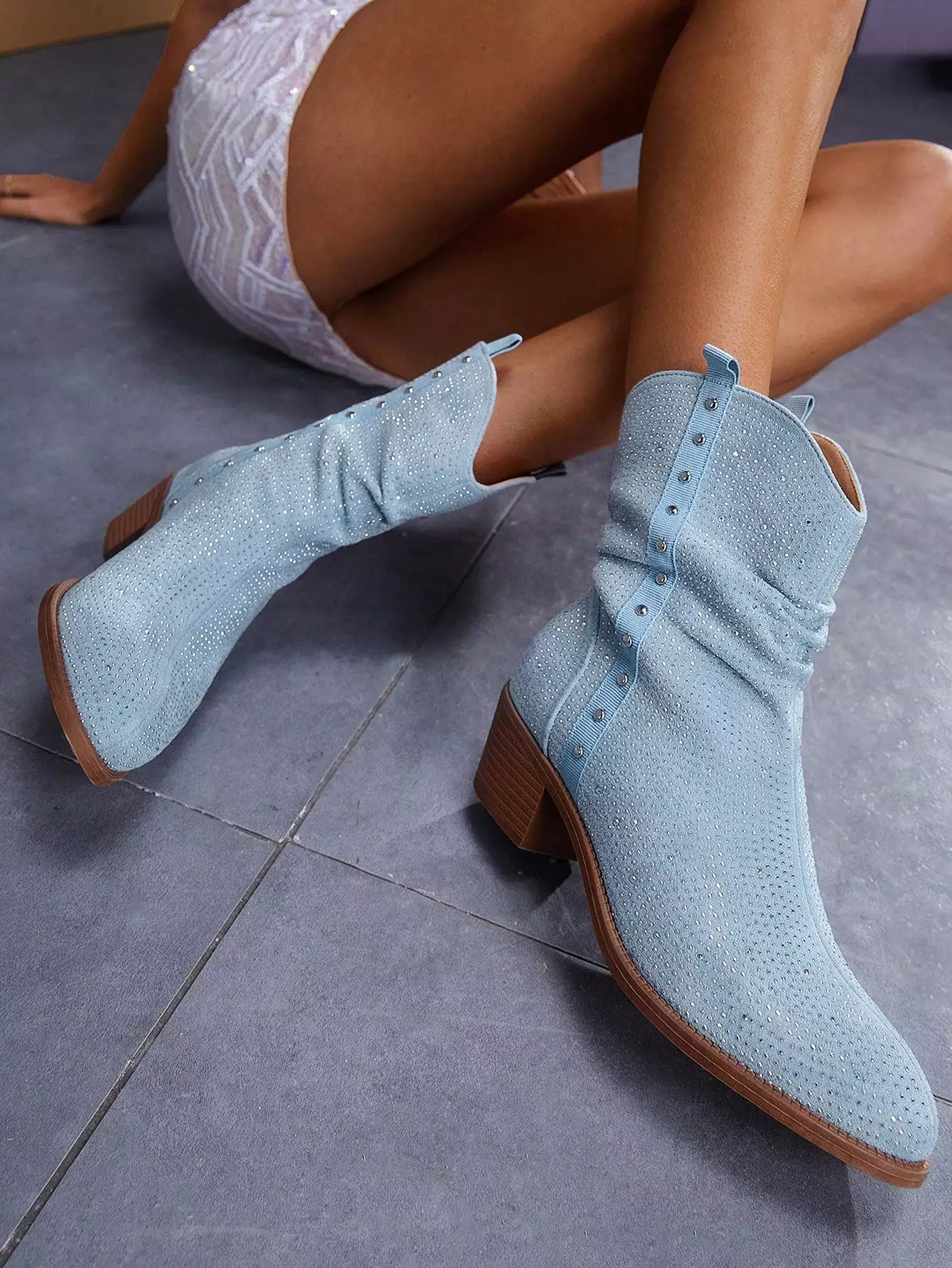 Women Studded Faux Suede Fashion Boots, Baby Blue Slouchy Outdoor Boots