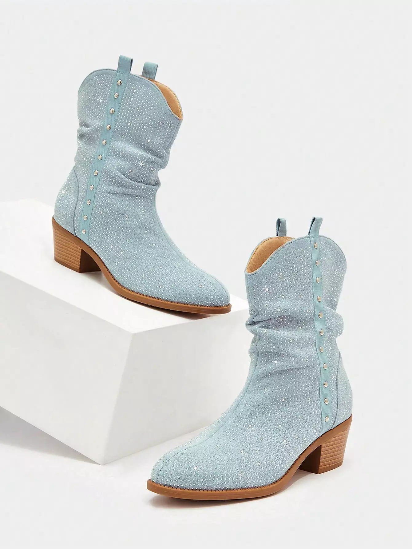 Women Studded Faux Suede Fashion Boots, Baby Blue Slouchy Outdoor Boots