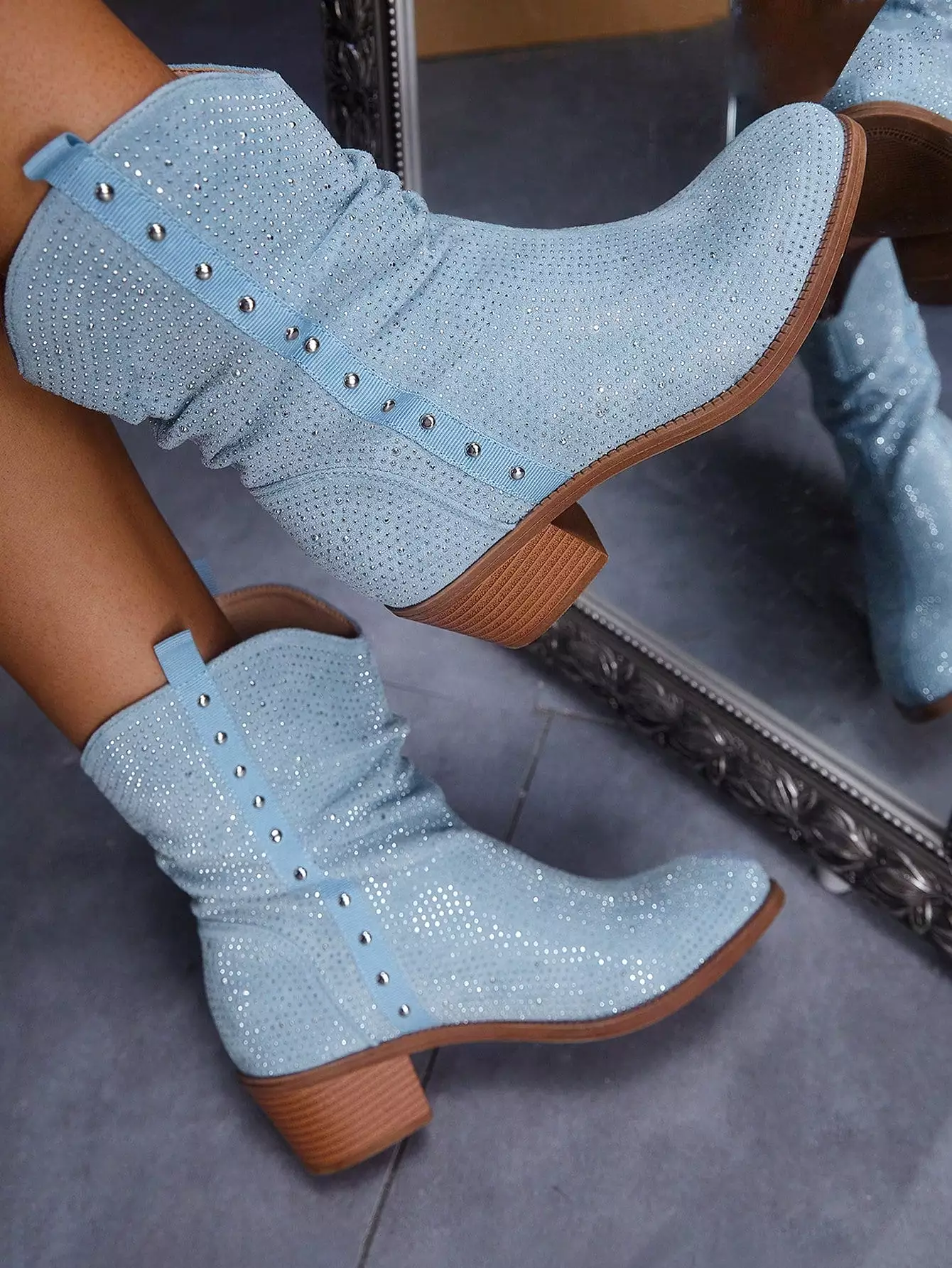 Women Studded Faux Suede Fashion Boots, Baby Blue Slouchy Outdoor Boots