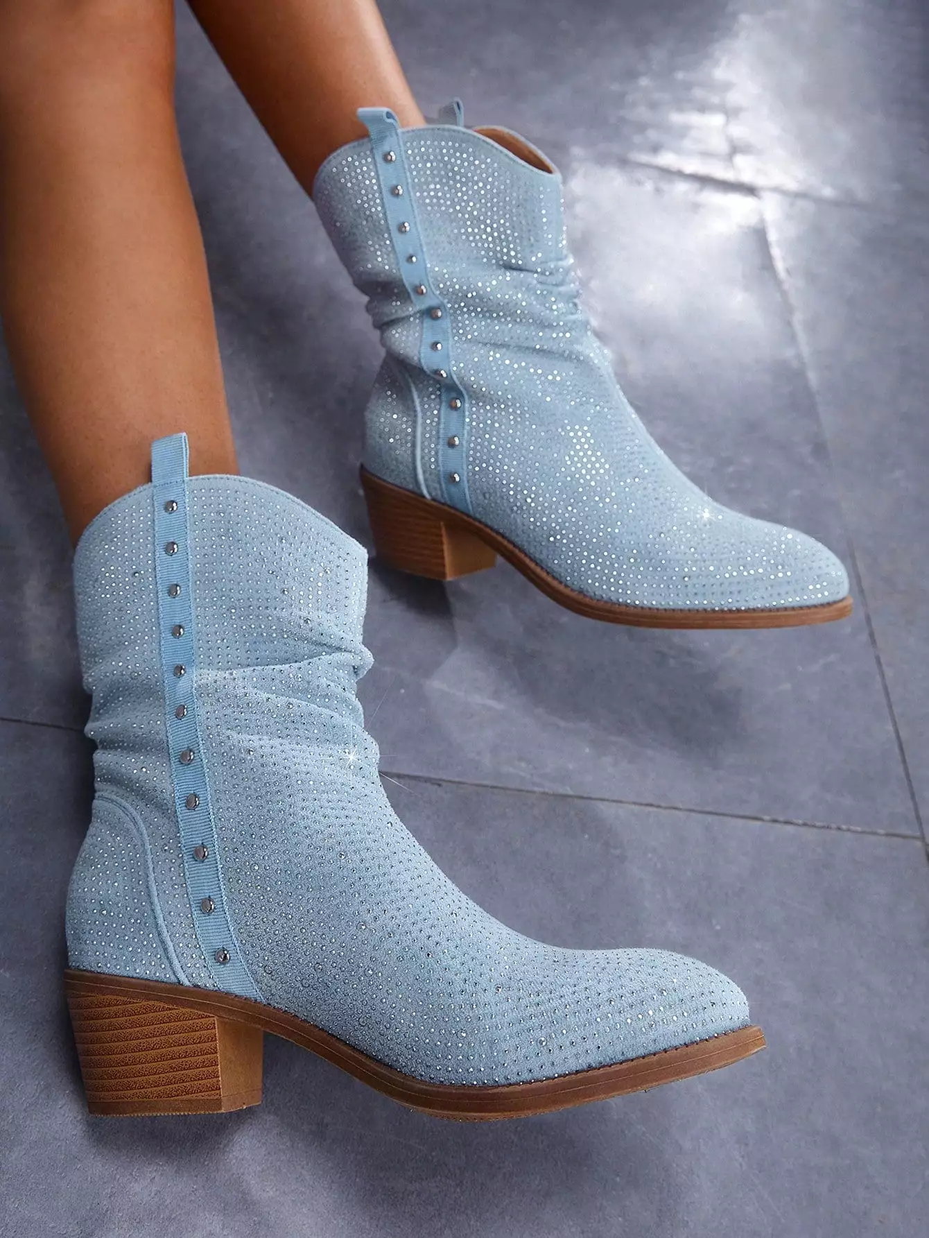 Women Studded Faux Suede Fashion Boots, Baby Blue Slouchy Outdoor Boots